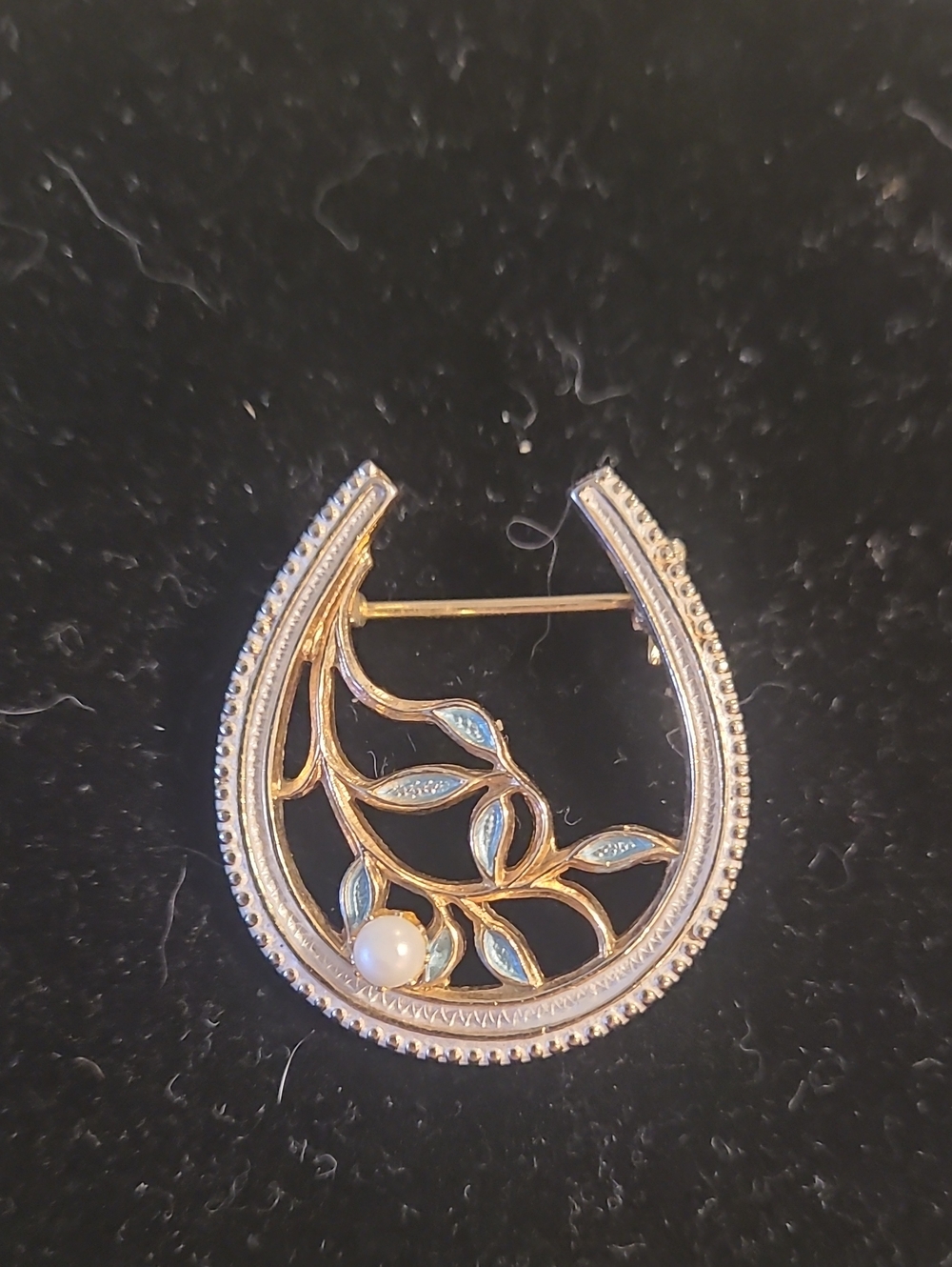 Vintage Horseshoe Brooch, Gold Tone Enameled Leaf Pin, Lucky Equestrian Jewelry